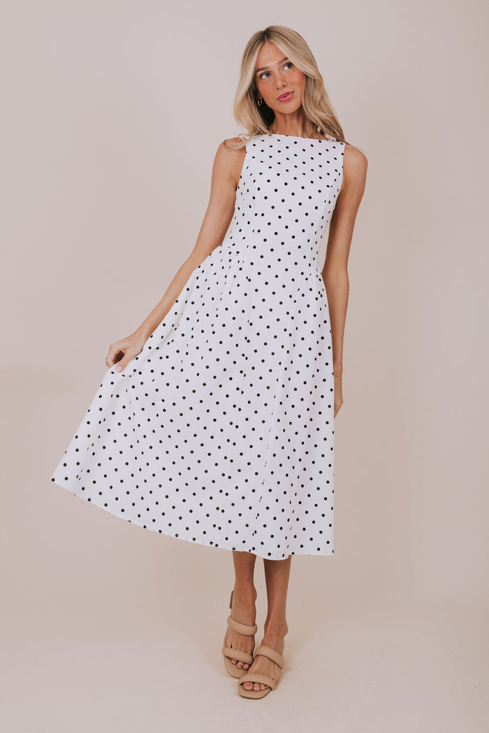 black white polka dot sleeveless midi dress full
