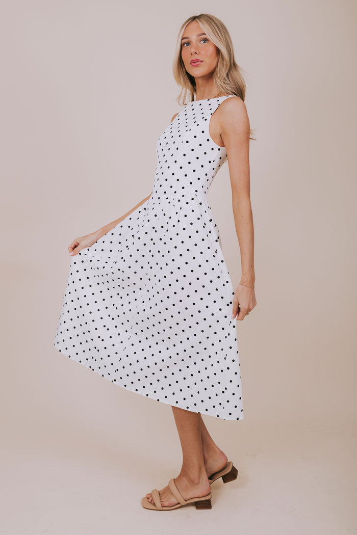 black white polka dot sleeveless midi dress side
