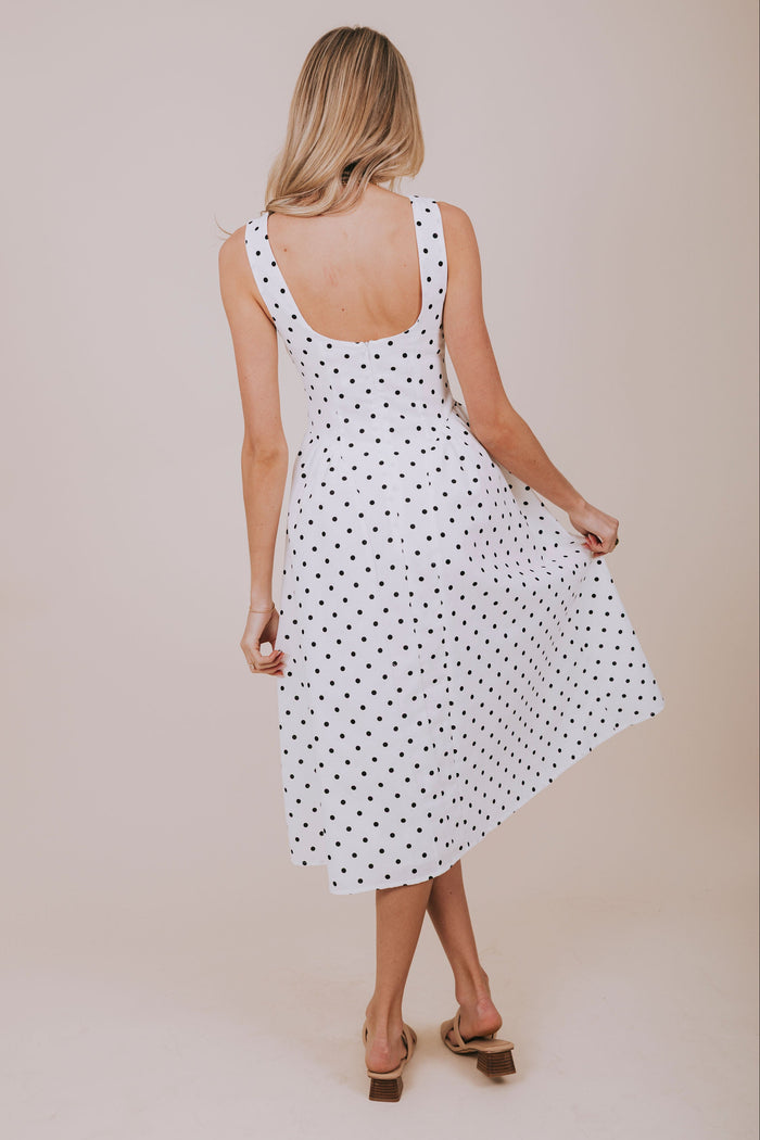 black white polka dot sleeveless midi dress back