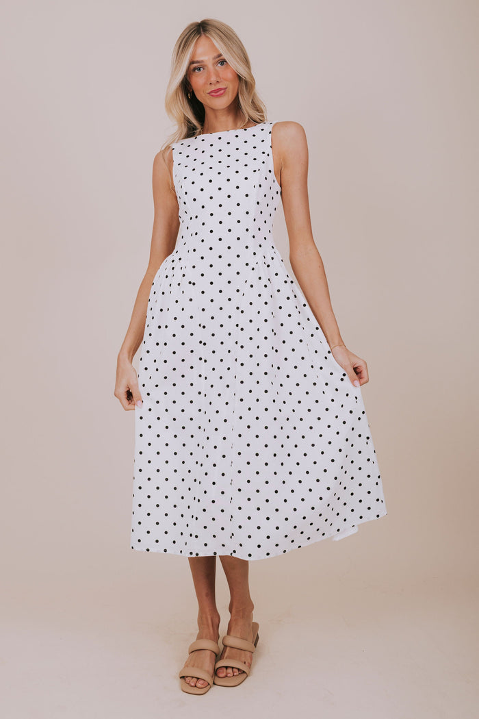 black white polka dot sleeveless midi dress full 2