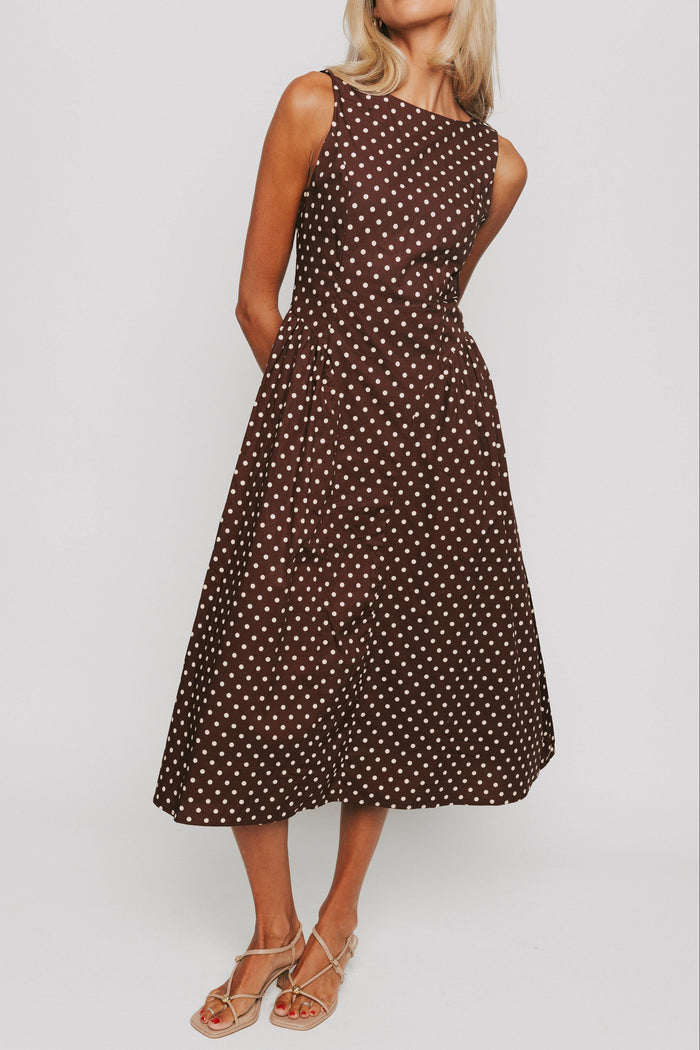 brown and cream polka dot fitted midi dress front