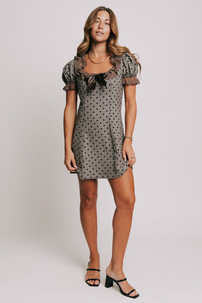 brown and black polka dot mini dress with brown lace trim full