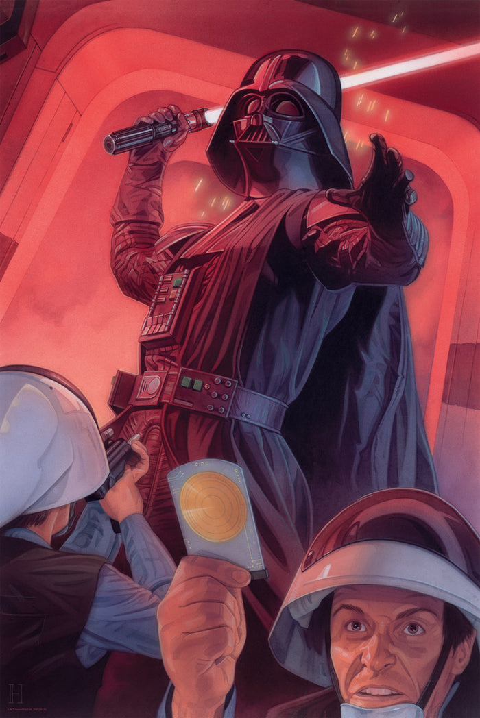 Artwork featuring Darth Vader in a scene from Rogue One: A Star Wars Story, with a red and orange color scheme, depicting a lithograph style print.