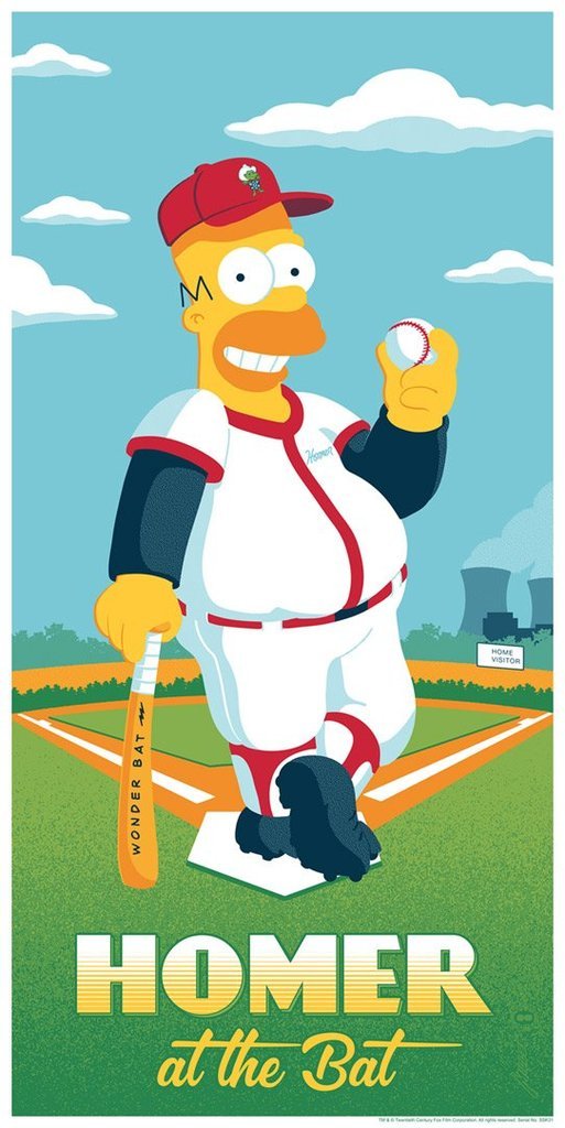 A colorful print of Homer Simpson in a baseball uniform, holding a baseball and a bat, with the text 'HOMER at the Bat'.