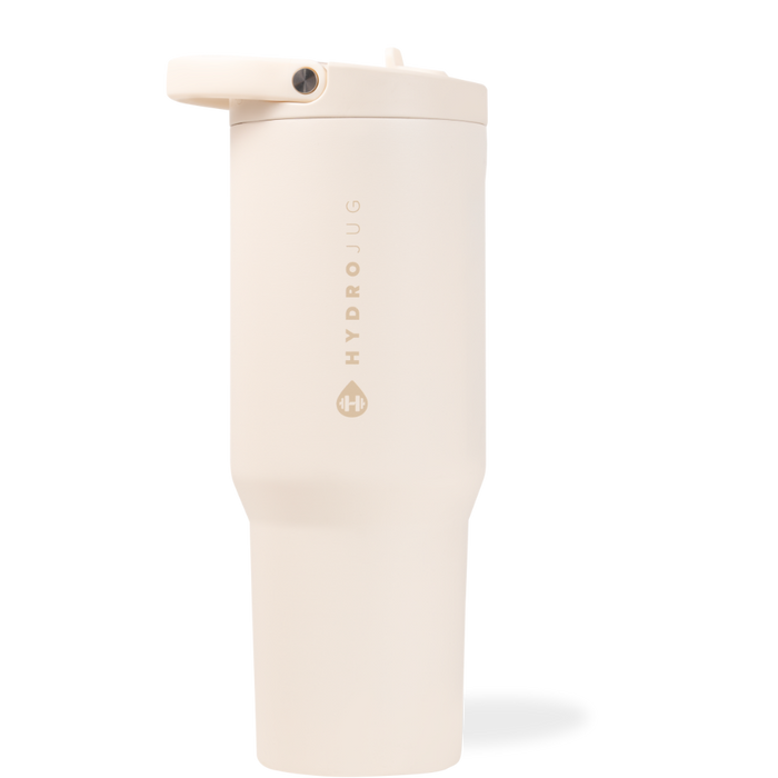 Cream colored HydroJug sport water bottle that can hold up to 32oz
