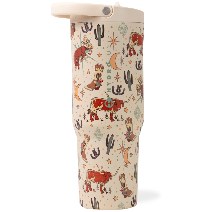 HydroJug sport water bottle with cowboy-themed design that can hold up to 40oz on a white background