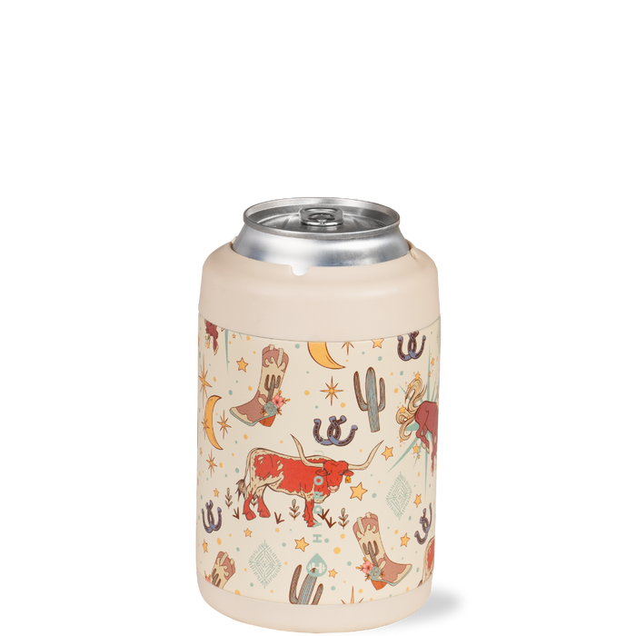 Can cooler with cowboy-themed design on a white background