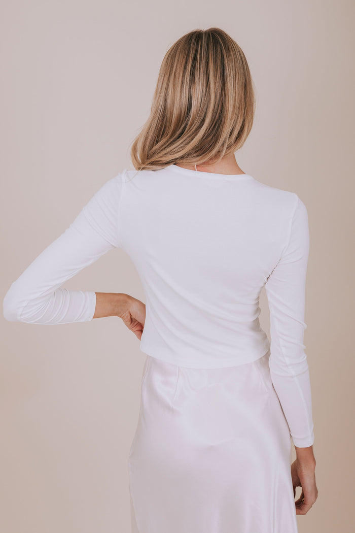 white fitted button down long sleeve back
