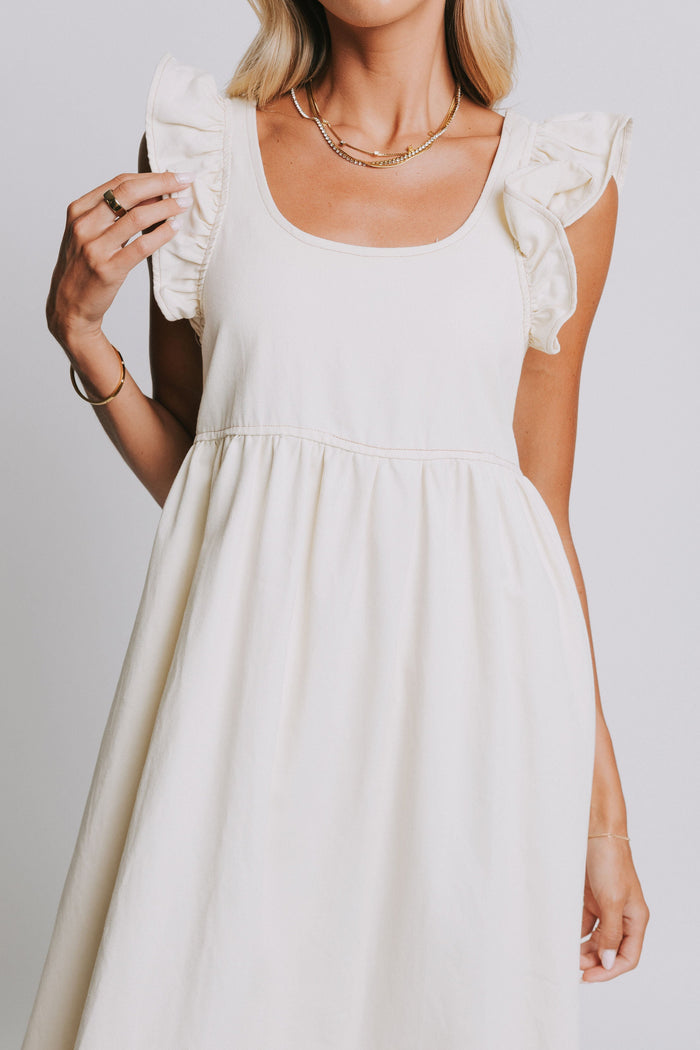 ivory denim midi dress with ruffled sleeves front