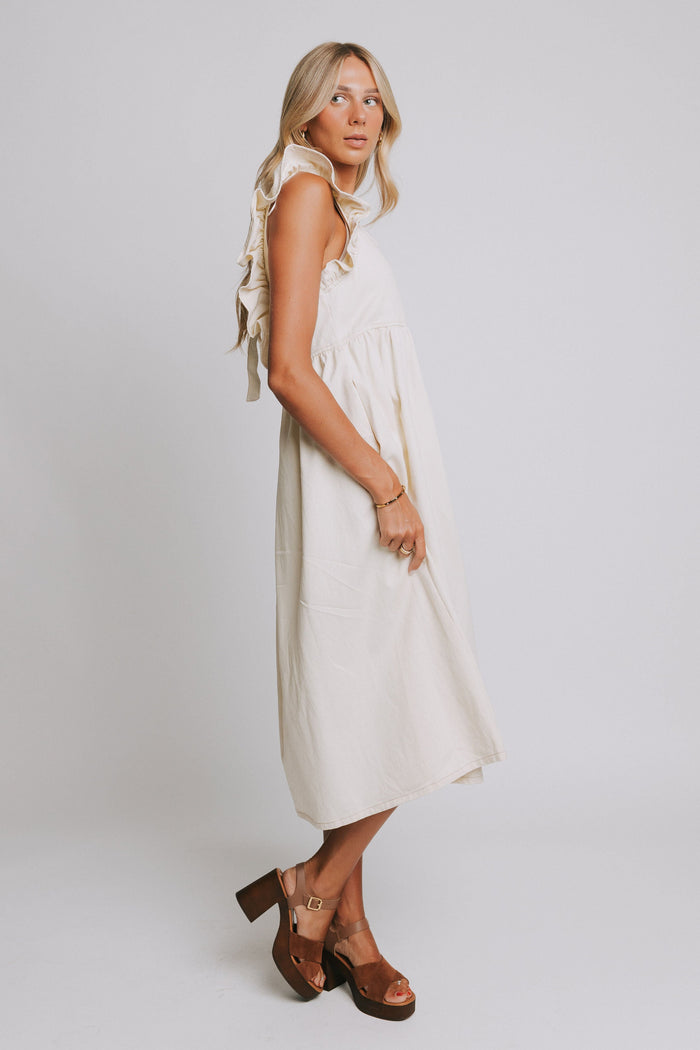 ivory denim midi dress with ruffled sleeves  side