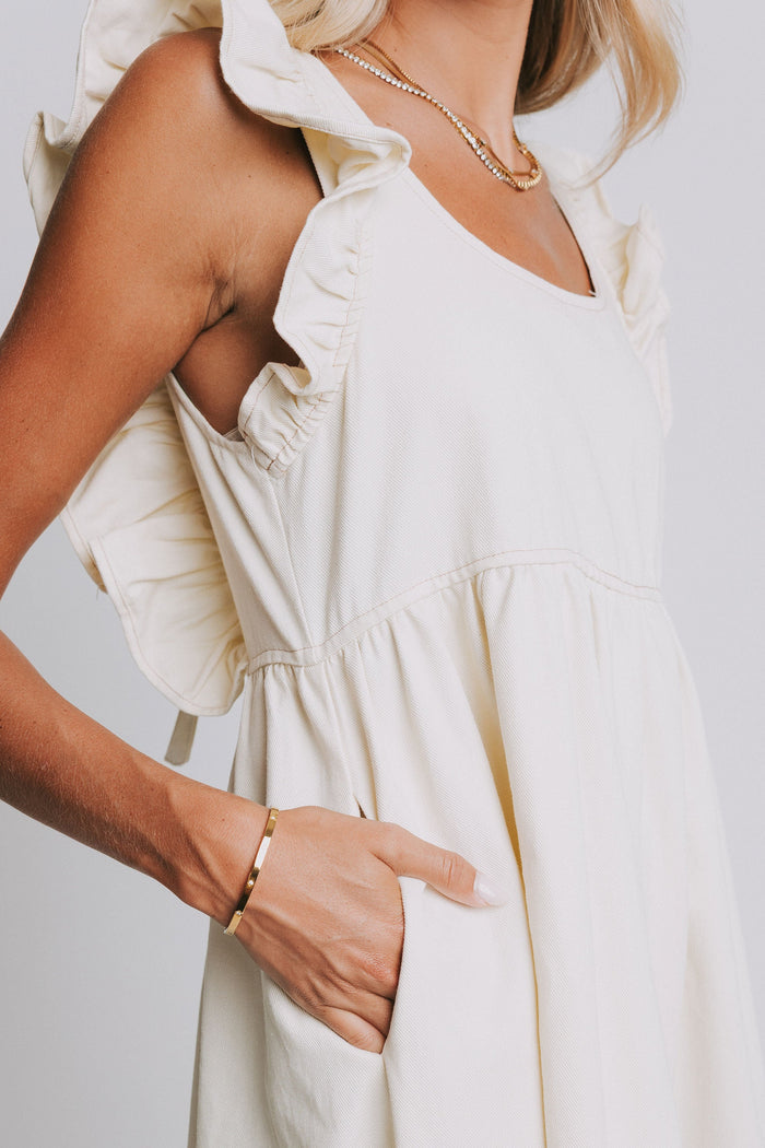ivory denim midi dress with ruffled sleeves close