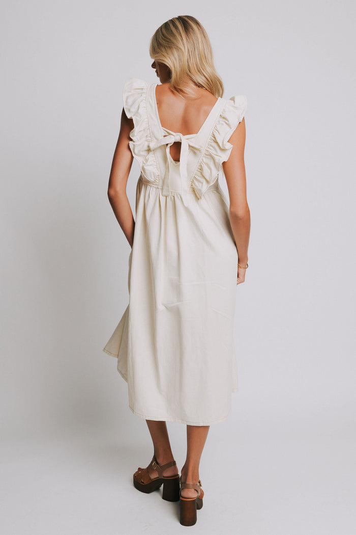 ivory denim midi dress with ruffled sleeves back