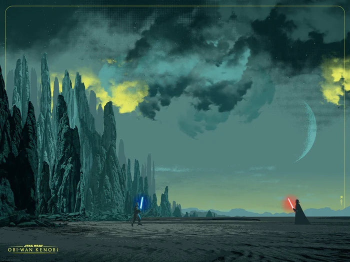 An art print inspired by Star Wars: Obi-Wan Kenobi featuring a desolate landscape, with Obi-Wan and Darth Vader facing off in the mid-ground.