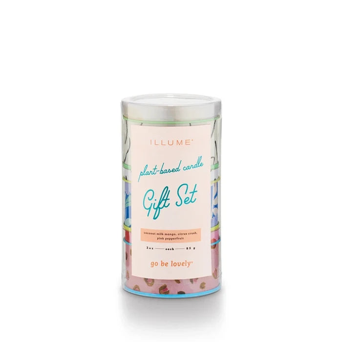 Three pack of plant based candles in scents coconut milk mango, citrus crush, and pink pepperfruit.