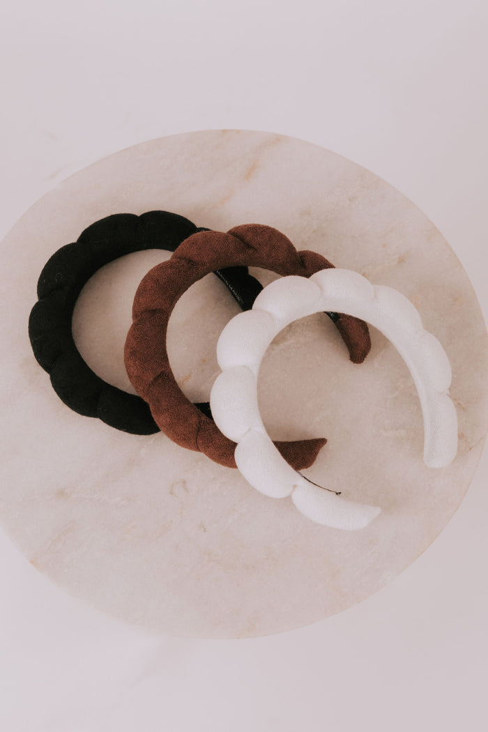 plush scalloped headband black, white, brown