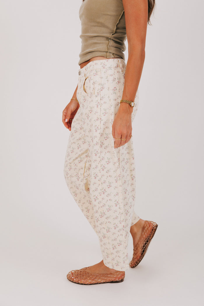 ivory pink floral barrel jeans