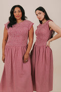 red shirred gingham midi dress models detail