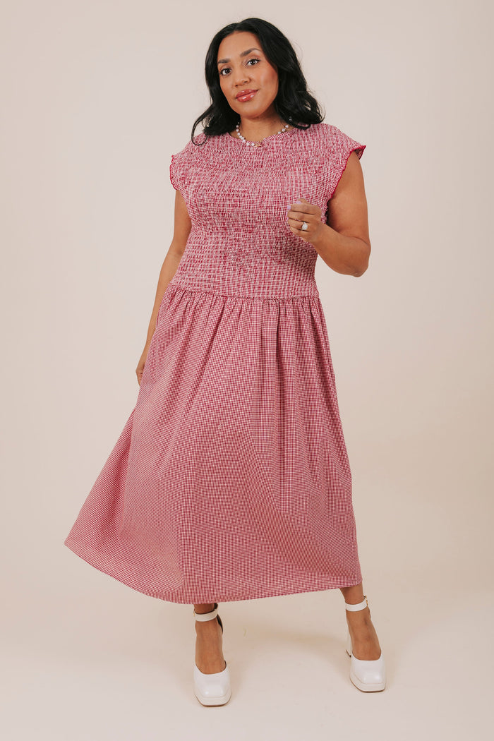 plus size red shirred gingham midi dress full