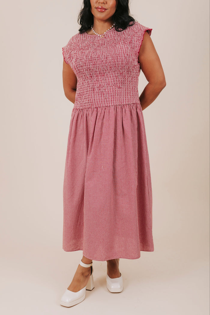 plus size red shirred gingham midi dress front