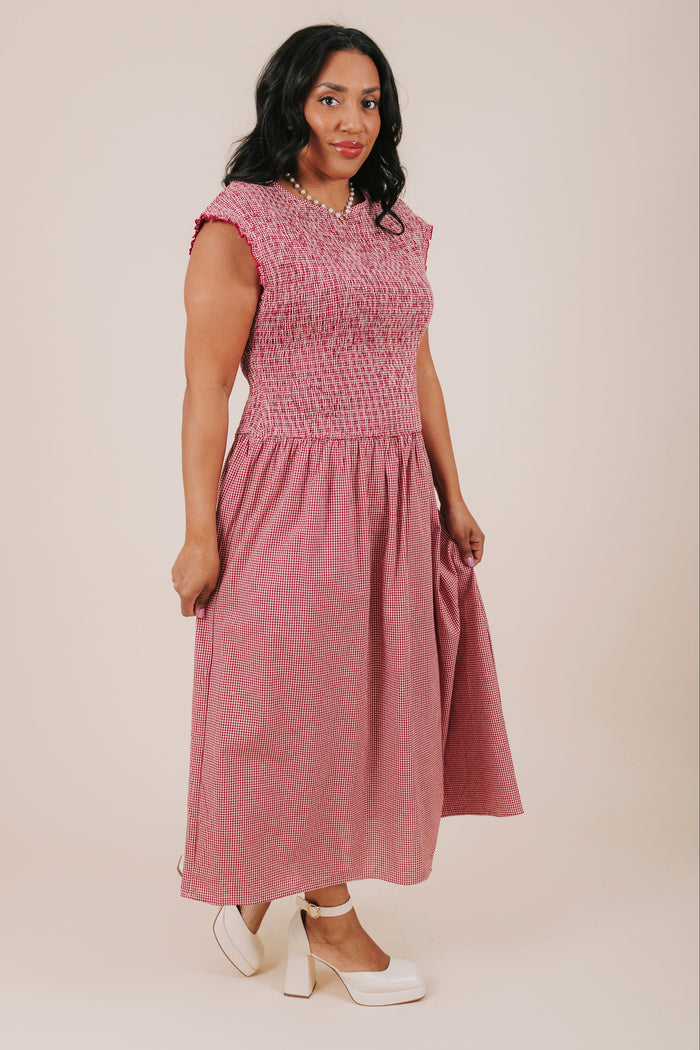 plus size red shirred gingham midi dress side