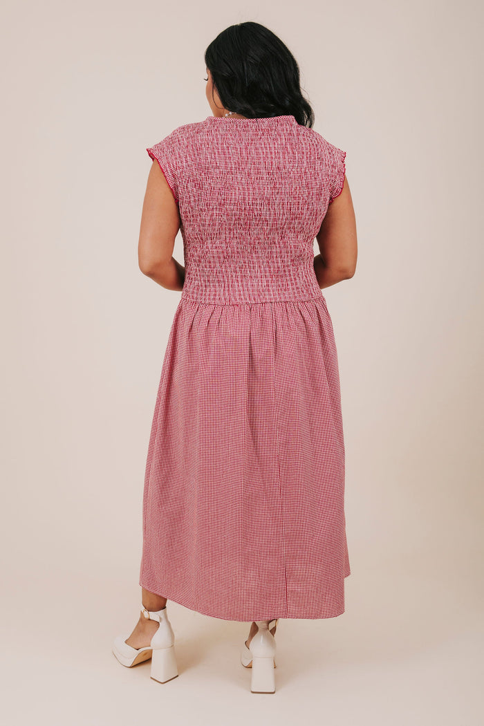 plus size red shirred gingham midi dress back