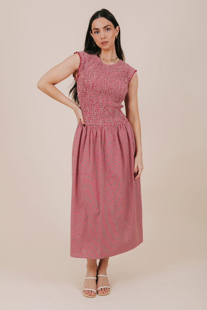red shirred gingham midi dress full