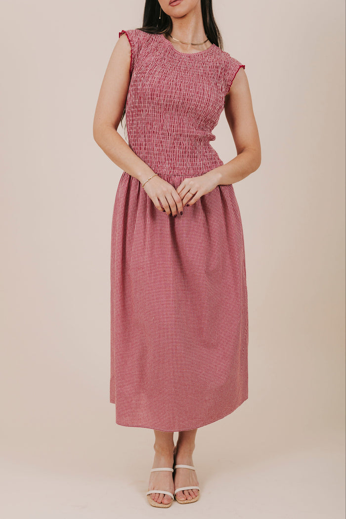 red shirred gingham midi dress front