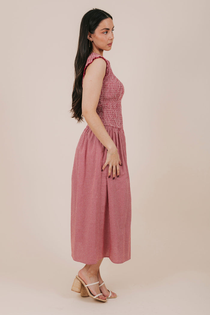 red shirred gingham midi dress side