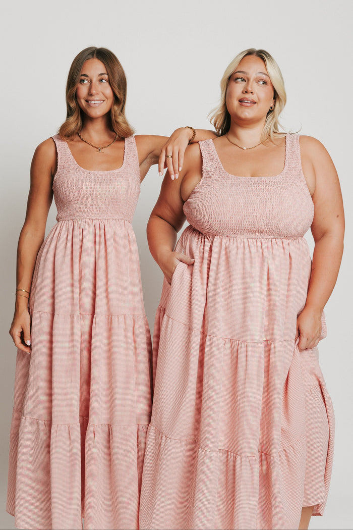 pink and white gingham sleeveless maxi dress