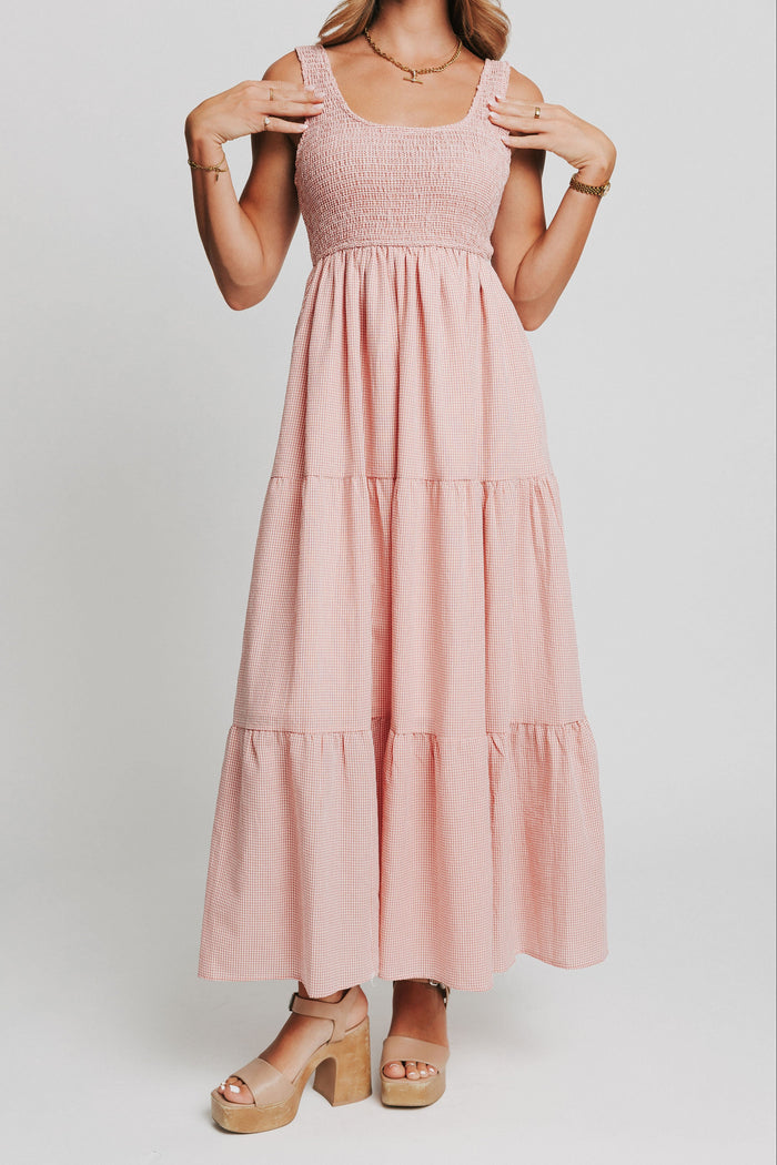 pink and white gingham sleeveless maxi dress front