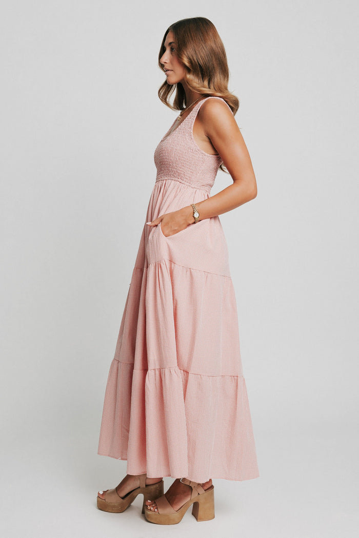 pink and white gingham sleeveless maxi dress