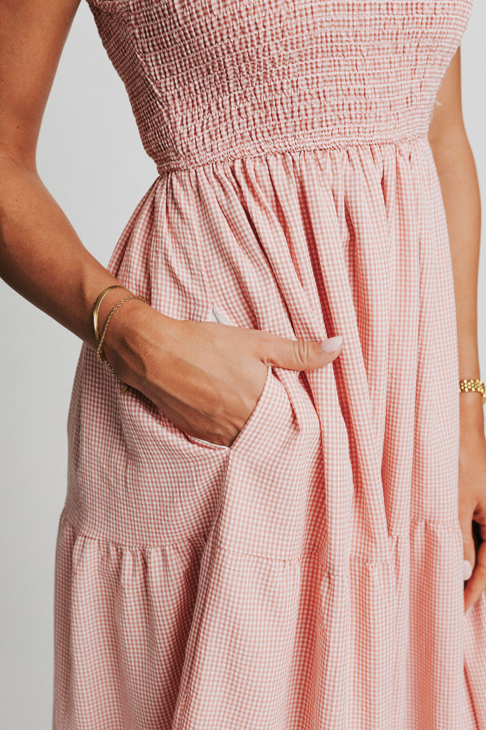 pink and white gingham sleeveless maxi dress pockets