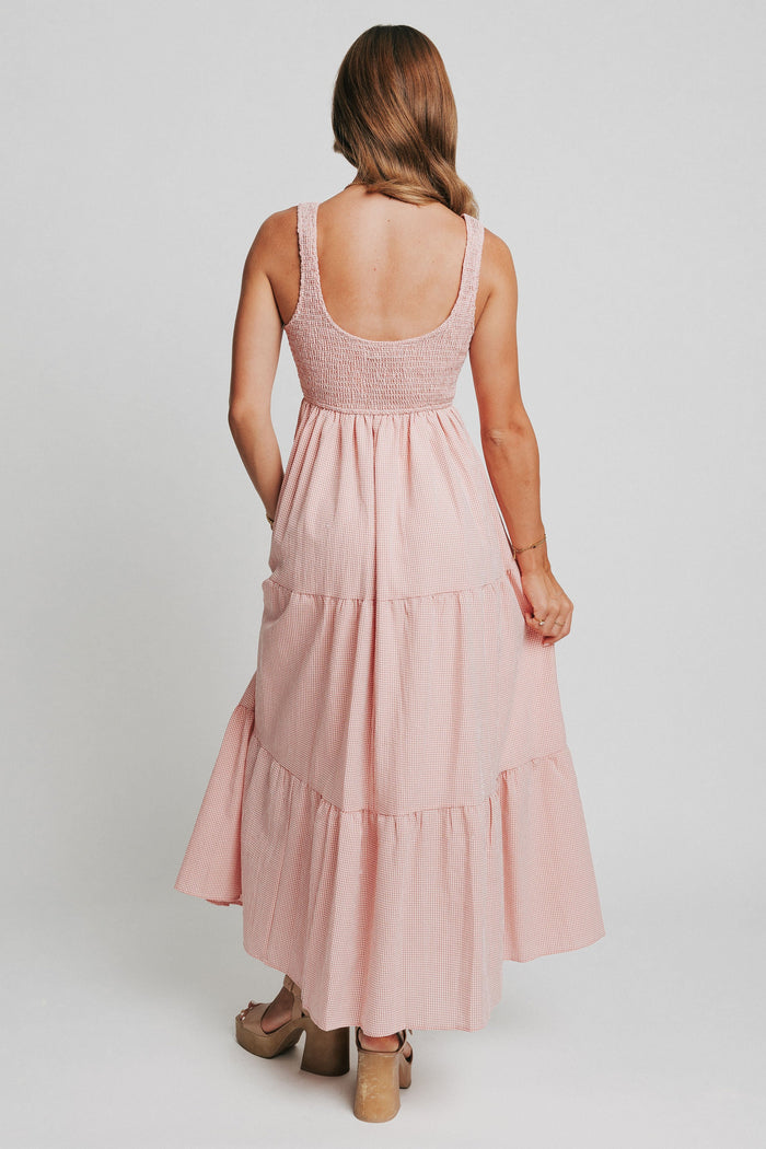pink and white gingham sleeveless maxi dress back