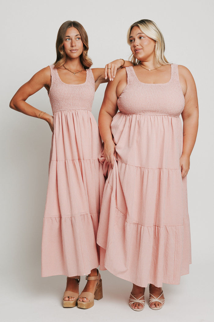 pink and white gingham sleeveless maxi dress models full