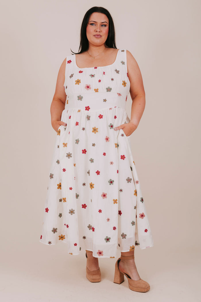 plus size ivory floral embroidered overlay midi dress full