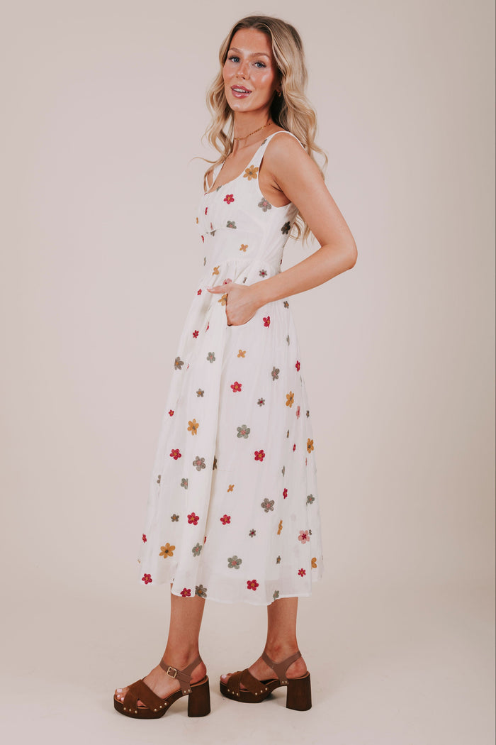 ivory floral embroidered overlay midi dress side