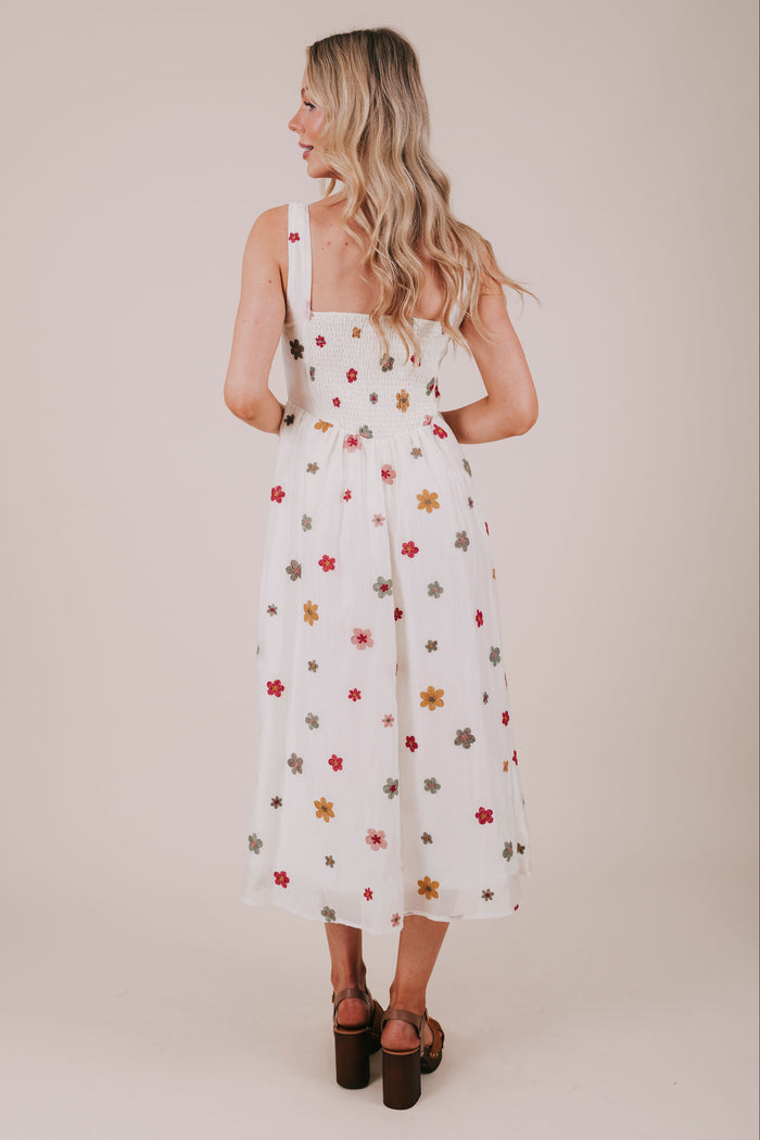 ivory floral embroidered overlay midi dress back