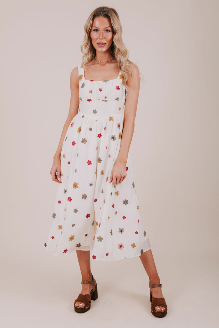 ivory floral embroidered overlay midi dress full