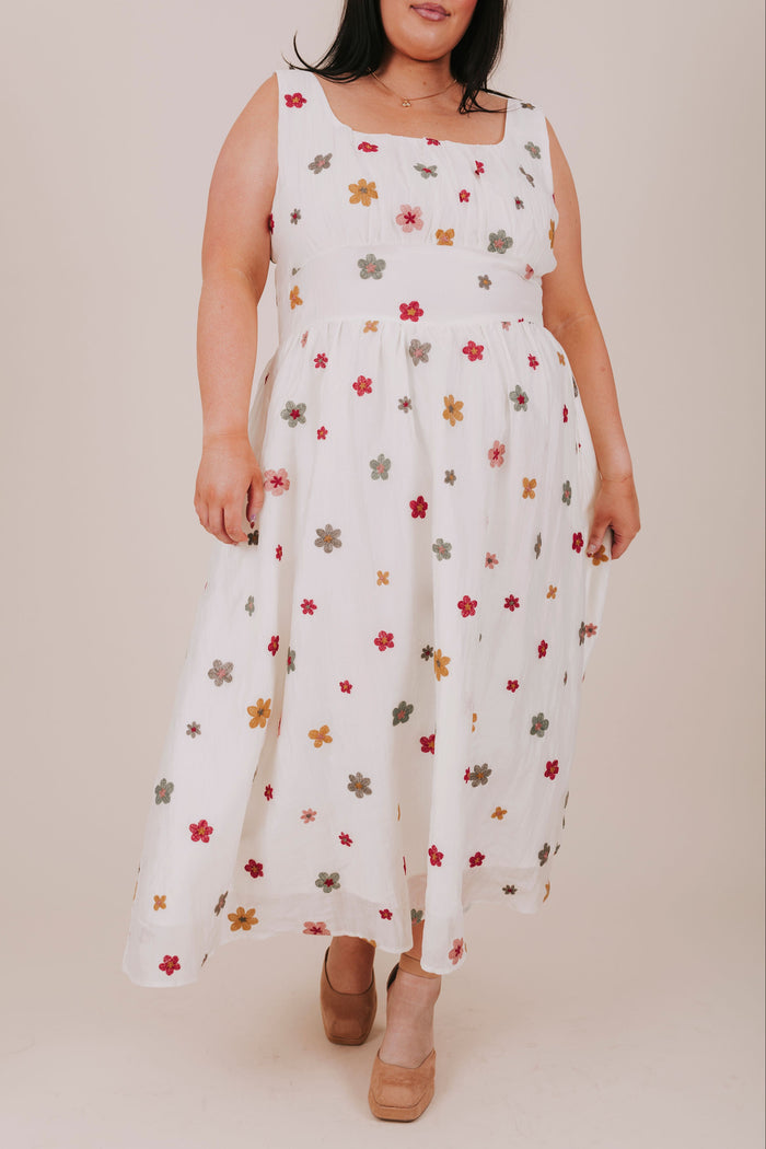 plus size ivory floral embroidered overlay midi dress front