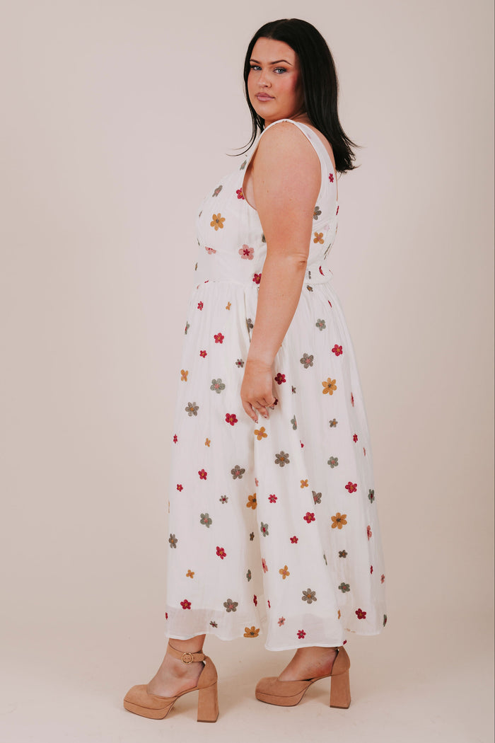 plus size ivory floral embroidered overlay midi dress side