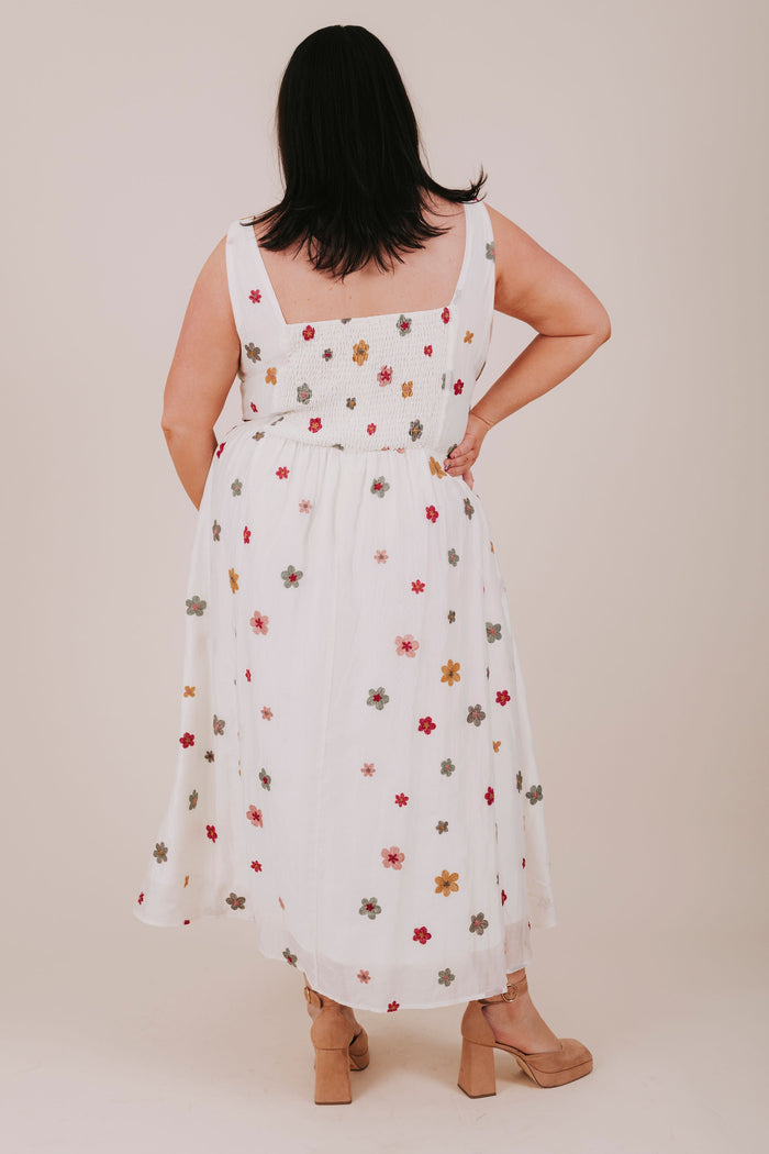 plus size ivory floral embroidered overlay midi dress back