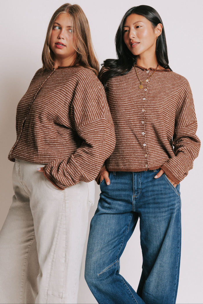 brown and white striped cardigan with rolled edges models