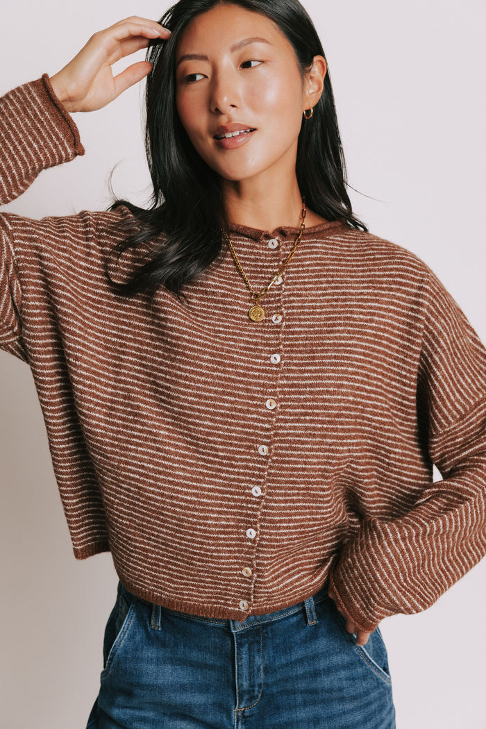 brown and white striped cardigan with rolled edges front