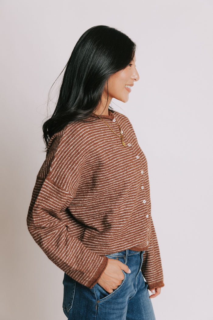 brown and white striped cardigan with rolled edges side