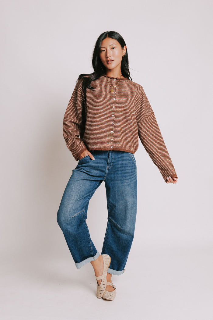 brown and white striped cardigan with rolled edges full