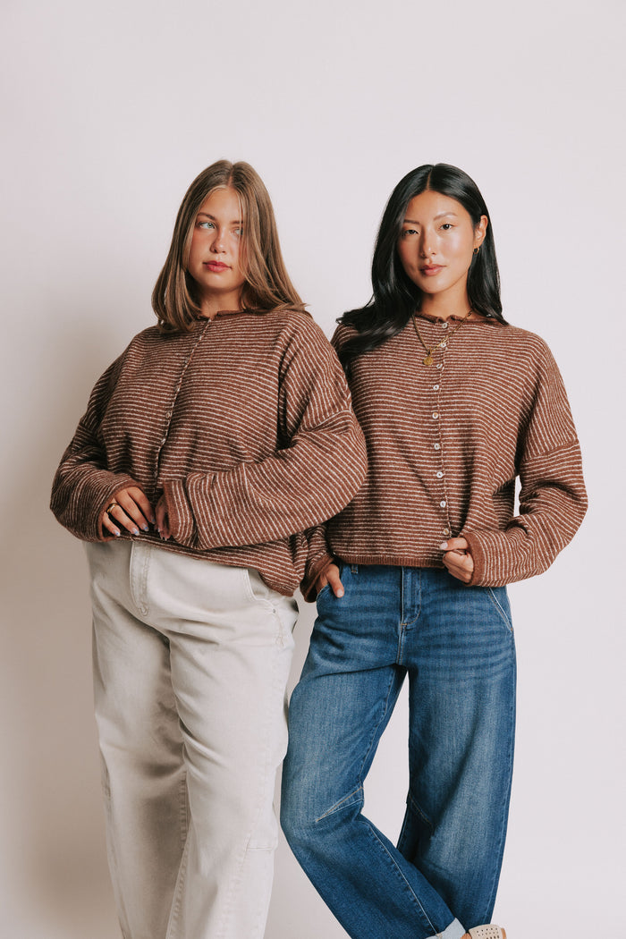 brown and white striped cardigan with rolled edges models full