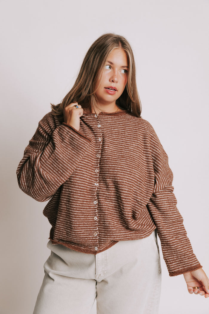 brown and white striped cardigan with rolled edges plus