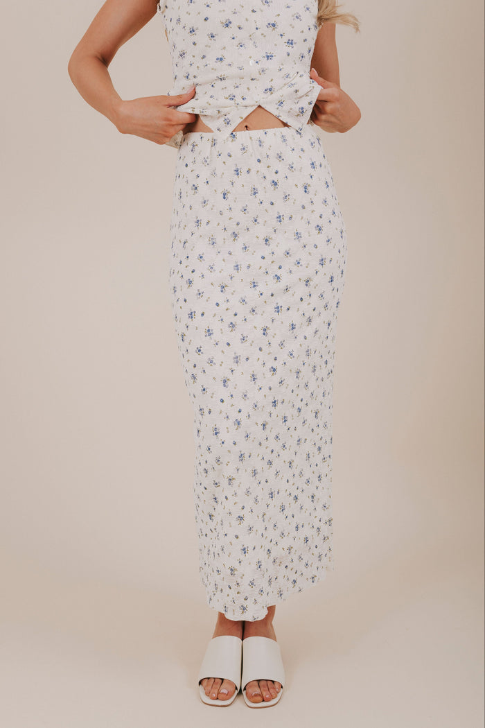sheer blue floral textured skirt front