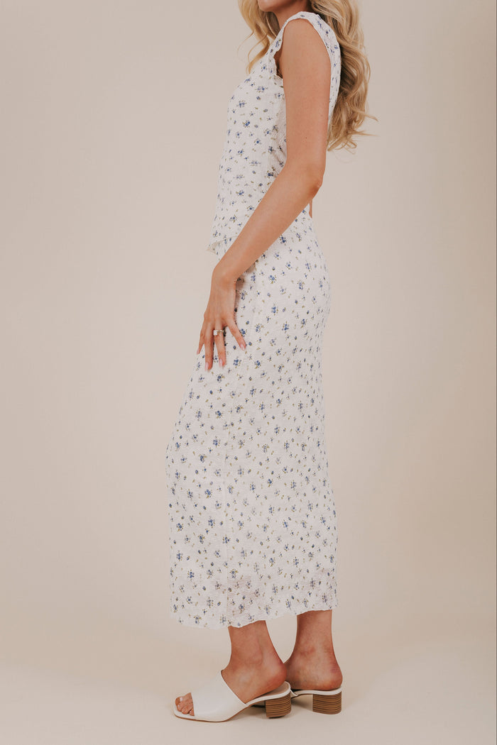 sheer blue floral textured skirt side