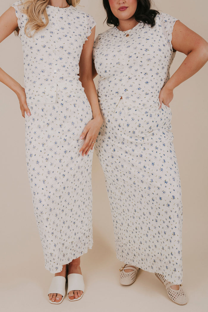 sheer blue floral textured skirt models